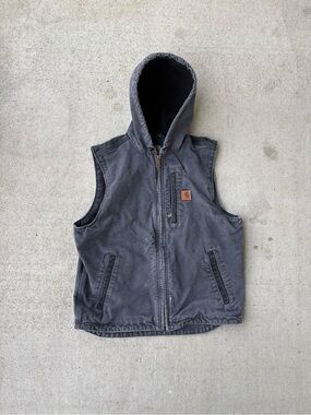 Carhartt V33 029 Shadow Grey Hooded Fleece Lined Canvas Vest Size Medium